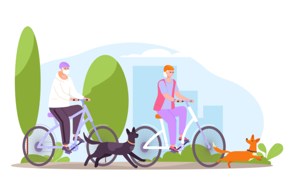 Active Seniors Ride Bicycle with Dog. He
