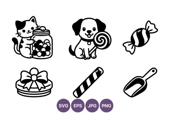 Cat Puppy Candy Jar Lollipop Icons Black