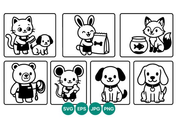 Cute Cartoon Animals Black White Vector