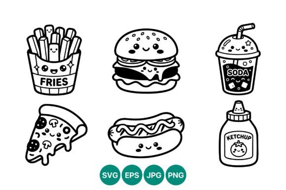 Cute Fast Food Kawaii Icon Set