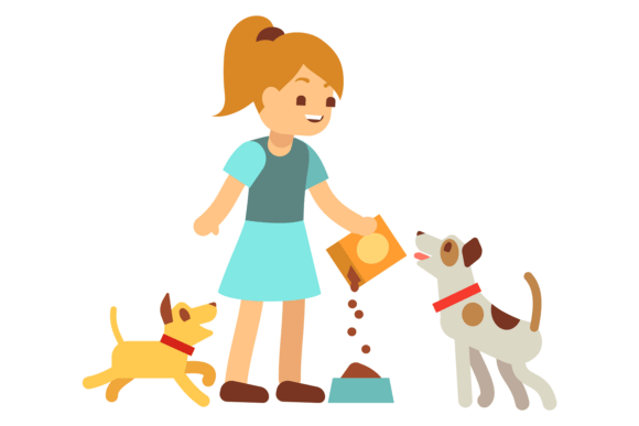 Girl Feed Puppies. Cute Dog Food Scene