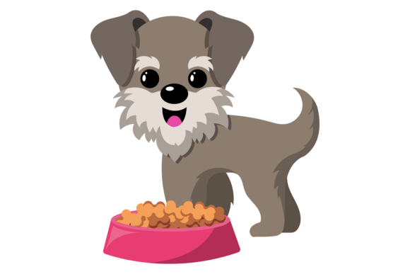 Puppy with Food Bowl. Cartoon Little Dog