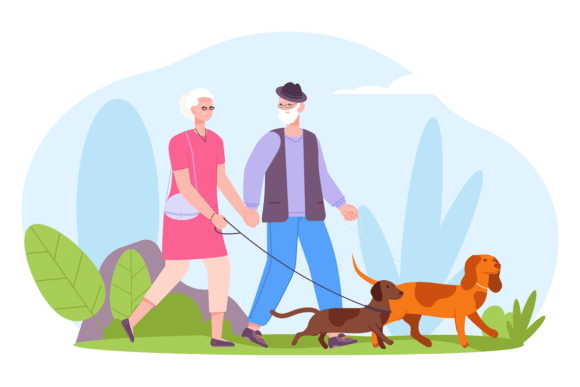Senior Dog Owners. Old Couple Walking Pe