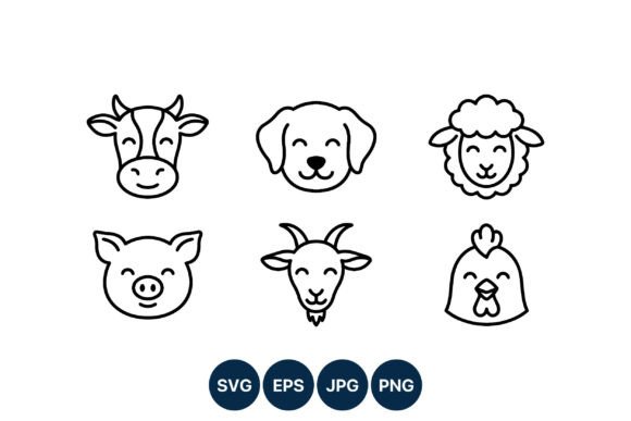 Smiling Farm Animal Faces Line Art Icons