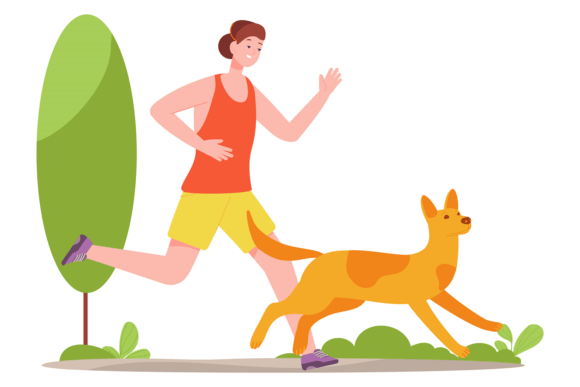 Woman Running with Dog. Active Animal Ch