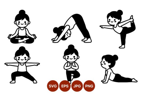 Yoga Girl Six Poses Black White Vector